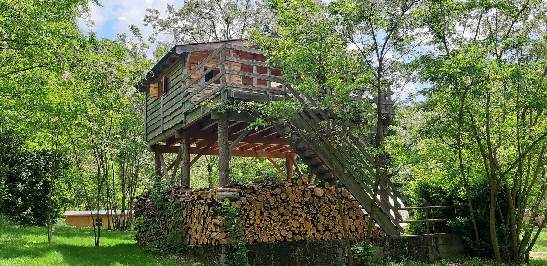 Das Baumhaus vom Fluss aus gesehen