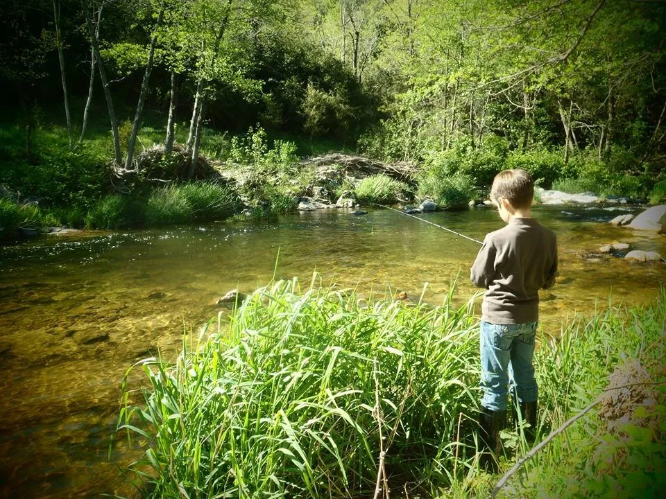Ein Kind angelt im Doux, im Gras am Ufer stehend