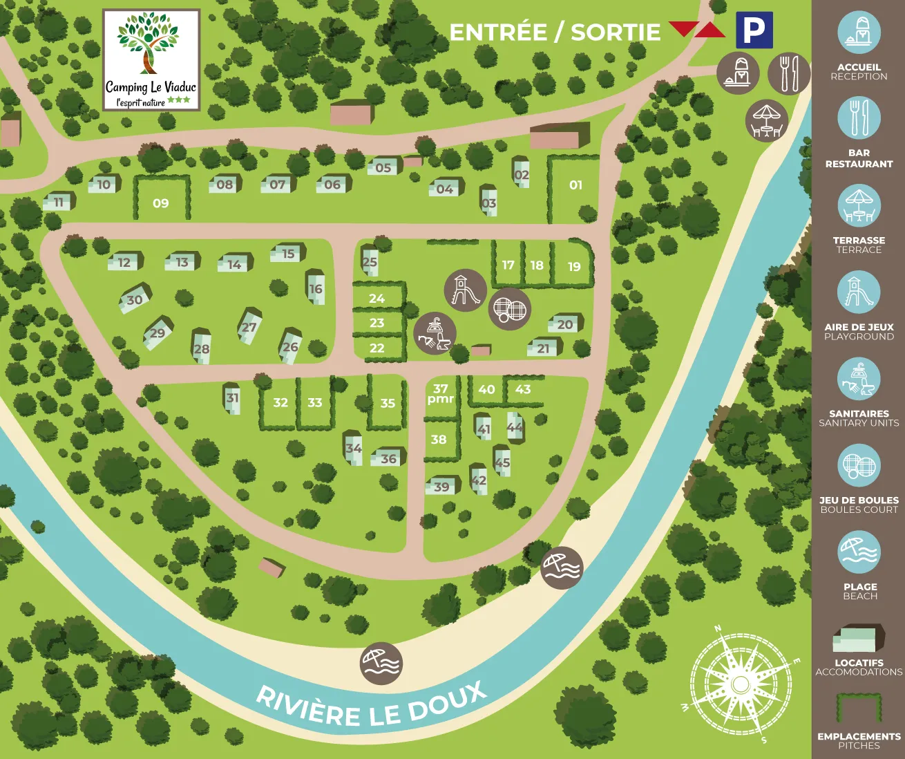 Lageplan des Campingplatzes Le Viaduc: Rezeption, Bar-Restaurant, Terrasse, Spielplatz, Sanitäranlagen, Boulebahn, Strände am Doux, nummerierte Unterkünfte und Stellplätze